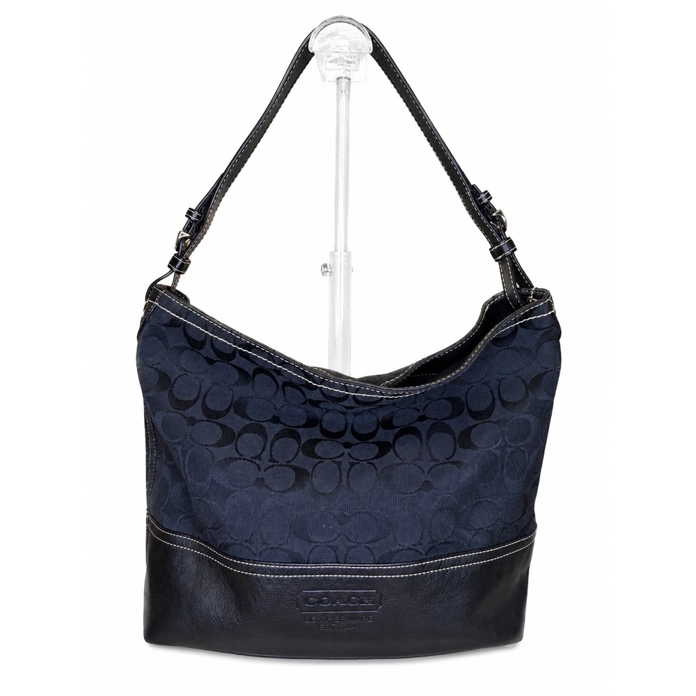 Coach Black Signature C Jacquard Leather Trim Hobo Bag E06T-2156